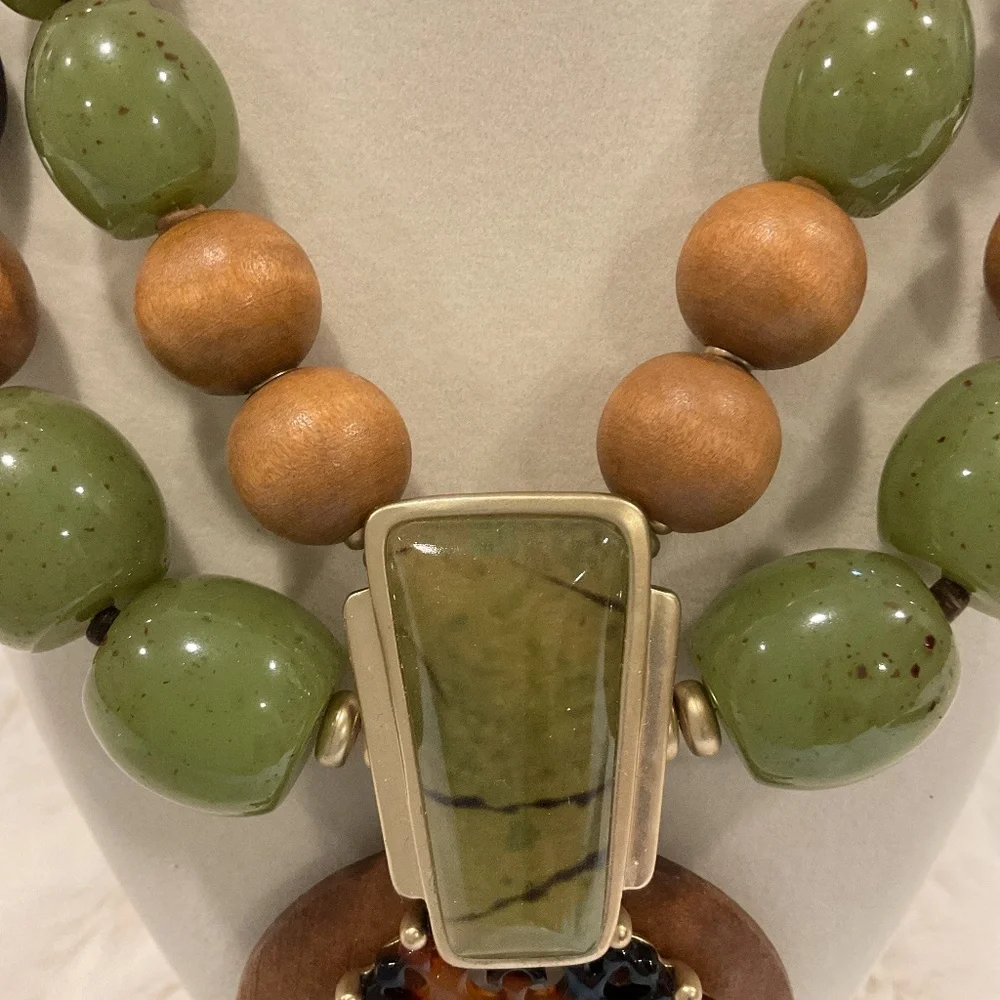 Chico’s Olive Green Stone and Wood Pendant Necklace - Picture 2 of 5